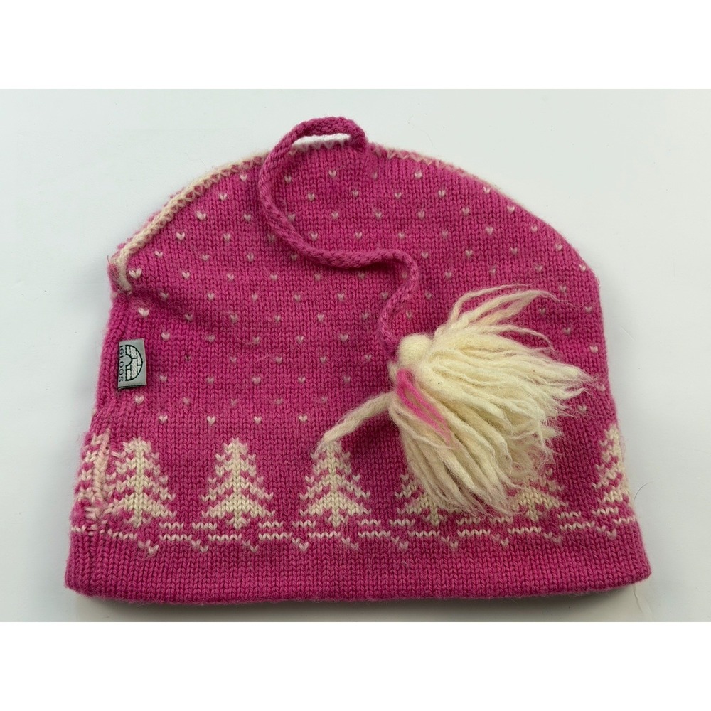 Vintage IGLOOS 100% Wool Nordic Ski Hat Pink Tassel Scandinavian Fair Isle